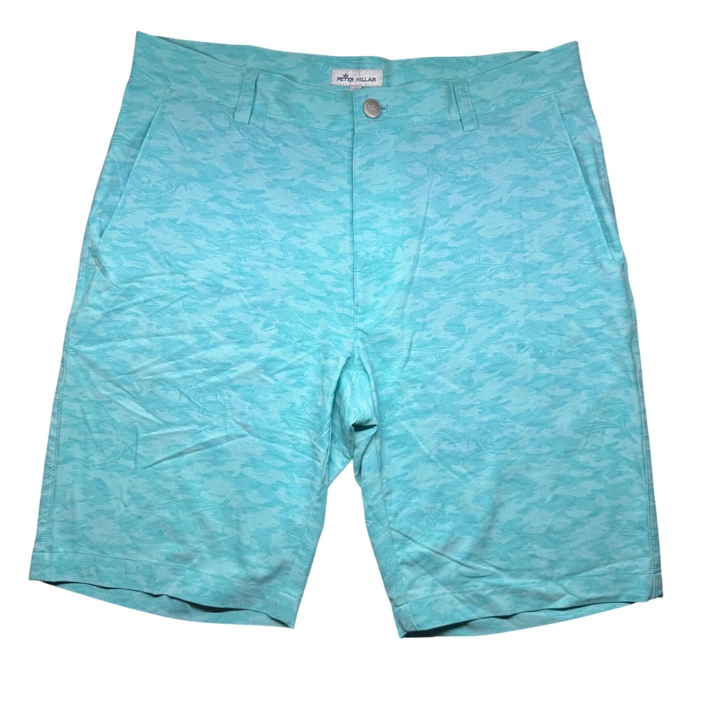 Peter Millar Shorts Men 32 Blue Turquoise Shackleford Fish Camo Hybrid Golf Swim